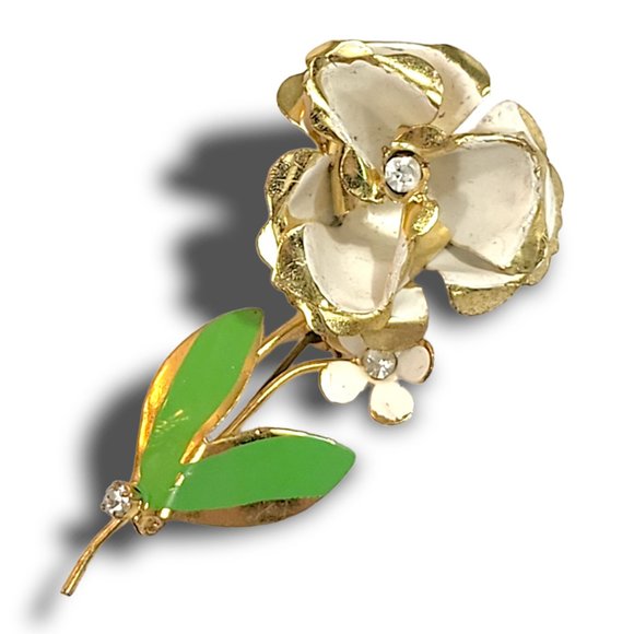 Vintage Brooch Pin Flower White Enamel Faux Diamond Center Gold Tone Mid Century - Picture 2 of 6